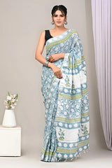 Light blue Print Pure Linen Saree
