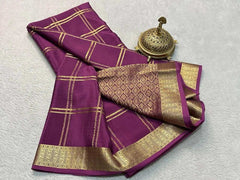 Bridal Wear Silk Brocade Mysore Silk Saree – Gold & Silver Zari Checks
