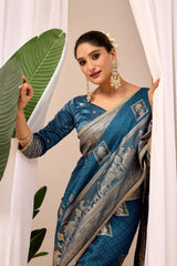 Teal Blue Soft Silk Saree with Woven Motifs & Rich Zari Border