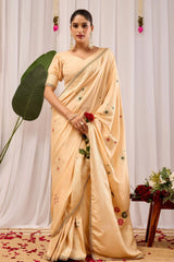 Elegant Beige Silk Saree with Subtle Floral Motifs & Classic Pallu