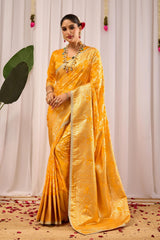 Golden Mustard Silk Blend Saree with Heritage Floral Design & Zari Border
