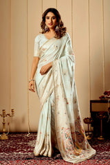 Mint Ivory Satin Silk Saree with Subtle Gold Zari Weaving & Artistic Pallu