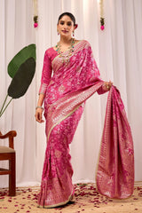 Rose Pink Floral Silk Saree with Traditional Motifs & Rich Zari Border