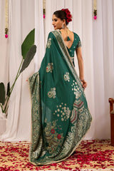 Emerald Green Satin Silk Saree with Antique Gold Zari Paisley Design