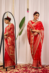 Crimson Red Satin Silk Saree with Heritage Gold Zari Weaving