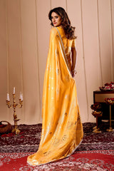 Mustard Yellow Satin Silk Saree with Gold Zari Weaving & Pot Motif Pallu