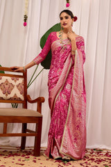 Rose Pink Floral Silk Saree with Traditional Motifs & Rich Zari Border