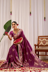 Wine Purple Silk Blend Saree with Heritage Floral Design & Gold Zari Border