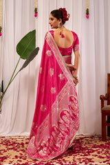 Magenta Satin Silk Saree with Antique Gold Zari Motifs