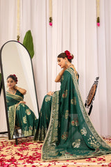 Emerald Green Satin Silk Saree with Antique Gold Zari Paisley Design