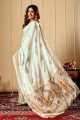 Mint Ivory Satin Silk Saree with Subtle Gold Zari Weaving & Artistic Pallu
