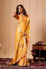 Mustard Yellow Satin Silk Saree with Gold Zari Weaving & Pot Motif Pallu