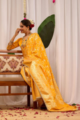 Golden Mustard Silk Blend Saree with Heritage Floral Design & Zari Border