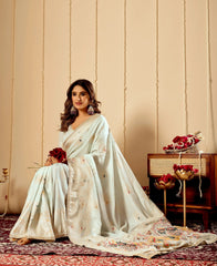 Mint Ivory Satin Silk Saree with Subtle Gold Zari Weaving & Artistic Pallu