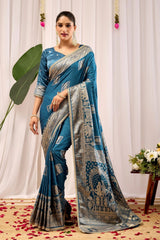 Teal Blue Soft Silk Saree with Woven Motifs & Rich Zari Border