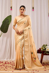 Elegant Beige Silk Saree with Subtle Floral Motifs & Classic Pallu