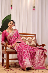 Rose Pink Floral Silk Saree with Traditional Motifs & Rich Zari Border