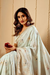 Mint Ivory Satin Silk Saree with Subtle Gold Zari Weaving & Artistic Pallu