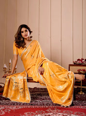 Mustard Yellow Satin Silk Saree with Gold Zari Weaving & Pot Motif Pallu