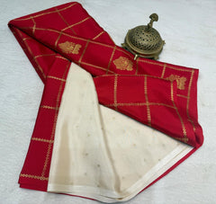 Semi Crepe Silk Saree – Borderless Checks with Chariot & Peacock Motifs