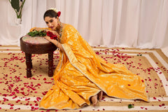 Golden Mustard Silk Blend Saree with Heritage Floral Design & Zari Border