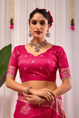 Magenta Satin Silk Saree with Antique Gold Zari Motifs