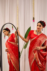 Crimson Red Satin Silk Saree with Heritage Gold Zari Weaving