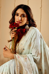 Mint Ivory Satin Silk Saree with Subtle Gold Zari Weaving & Artistic Pallu