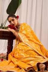 Golden Mustard Silk Blend Saree with Heritage Floral Design & Zari Border