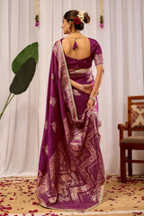 Wine Purple Silk Blend Saree with Heritage Floral Design & Gold Zari Border