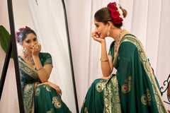 Emerald Green Satin Silk Saree with Antique Gold Zari Paisley Design