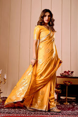 Mustard Yellow Satin Silk Saree with Gold Zari Weaving & Pot Motif Pallu