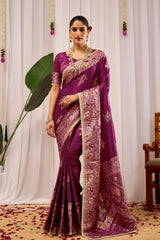 Wine Purple Silk Blend Saree with Heritage Floral Design & Gold Zari Border