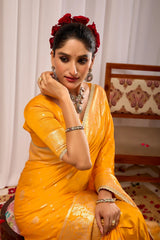 Mustard Yellow Satin Silk Saree with Antique Gold Zari Weaving