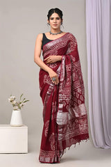 Red Print Pure Linen Saree