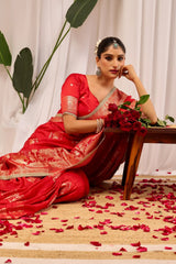 Crimson Red Satin Silk Saree with Heritage Gold Zari Weaving