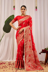 Crimson Red Satin Silk Saree with Heritage Gold Zari Weaving