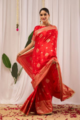 Crimson Red Satin Silk Saree with Heritage Gold Zari Weaving