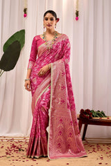 Rose Pink Floral Silk Saree with Traditional Motifs & Rich Zari Border