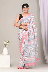 Red Block Print Pure Linen Saree (Copy)