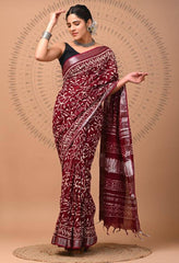Maroon Print Pure Linen Saree