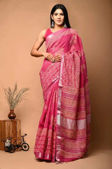 Pink Print Pure Linen Saree