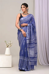 Light Blue Print Pure Linen Saree