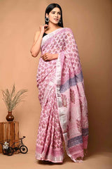 Navy Blue Block Print Pure Linen Saree