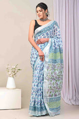 Pink Floral Block Print Pure Linen Saree