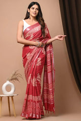Red Print Pure Linen Saree