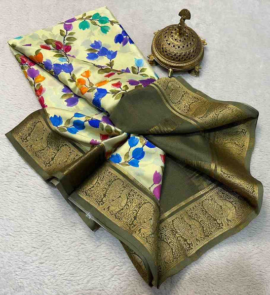 Luxury Modern Print Mysore Crepe Silk Saree Set