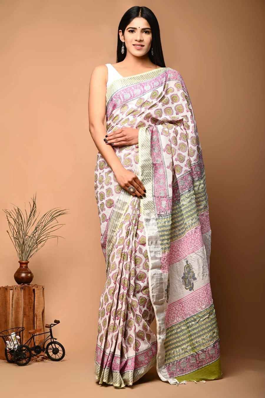 Sky Blue Floral Block Print Pure Linen Saree