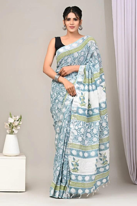 Light blue Print Pure Linen Saree