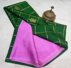 Semi Crepe Silk Saree – Borderless Checks with Chariot & Peacock Motifs